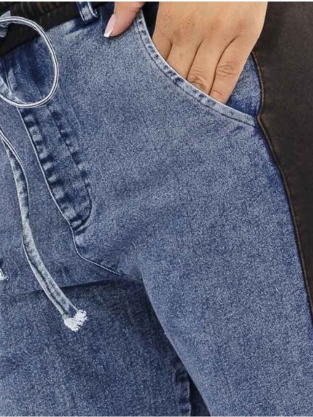 NEW Elastic Waist Contrast-Panel Wide Leg Jeans Blue Denim Knit Black Size Large - Picture 4 of 6